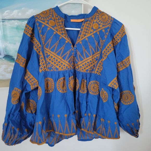 EUC OLIPHANT MANDARIN BALLOON SLEEVE TOP- SOLEIL BLUE - Picture 3 of 4